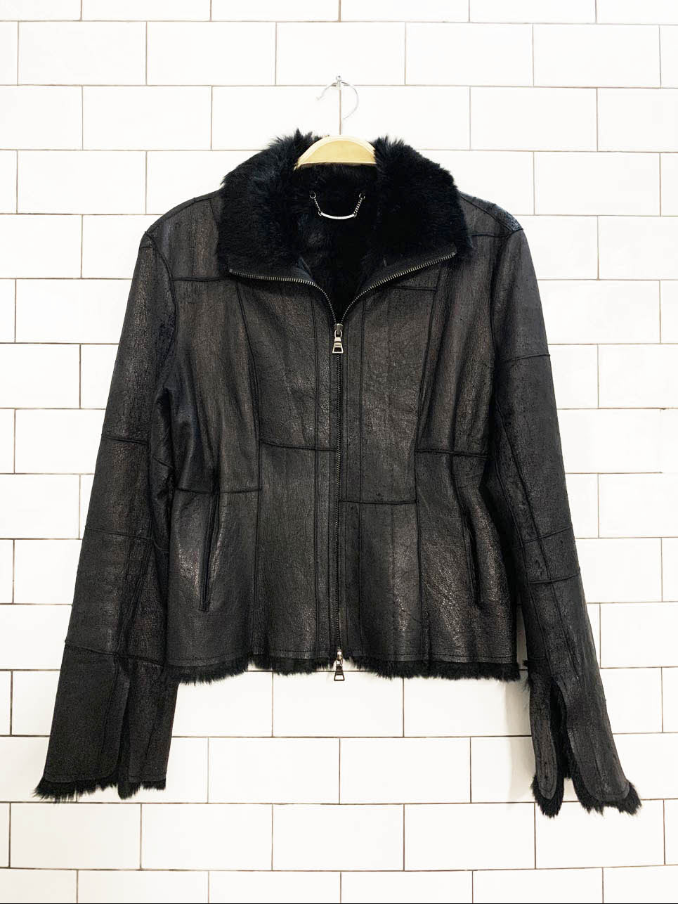 y2k guess rabbit fur + leather full zip patchwork jacket