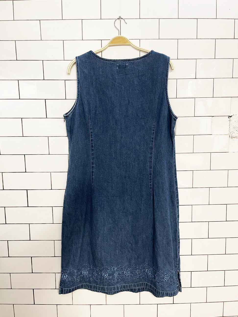 vintage 90s cherokee embroidered sleeveless denim midi dress