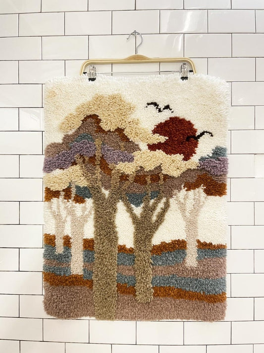 vintage forest sunset scene latch hook wall hang - good market thrift store