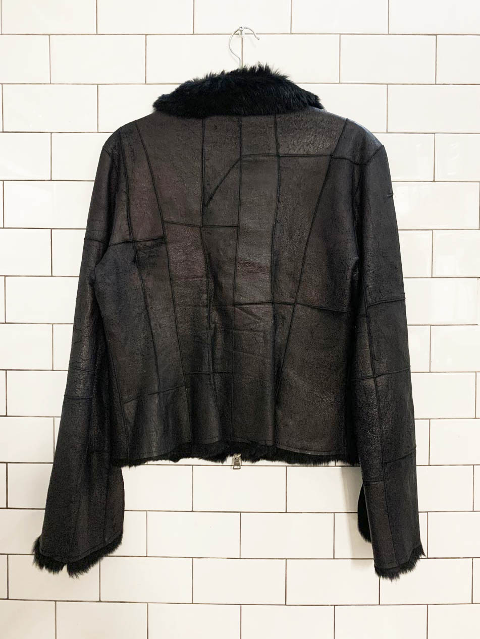 y2k guess rabbit fur + leather full zip patchwork jacket