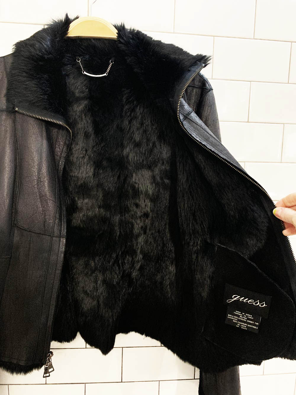 y2k guess rabbit fur + leather full zip patchwork jacket