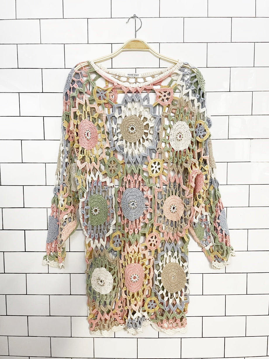 vintage crochet hand-knit beaded cover up midi dress
