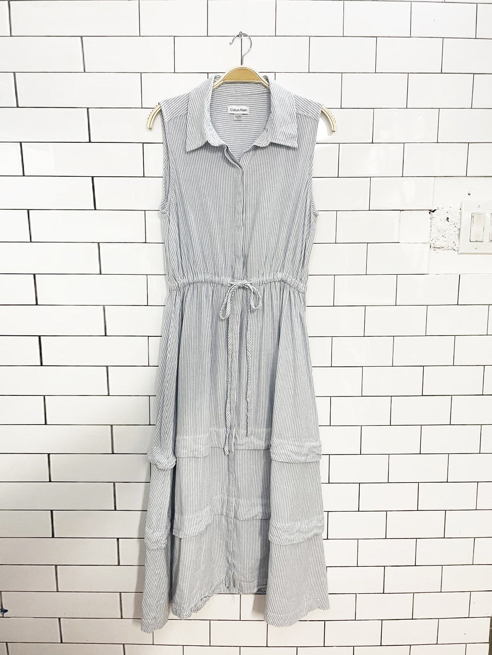 calvin klein blue stripe half button sleeveless tiered midi shirt dress