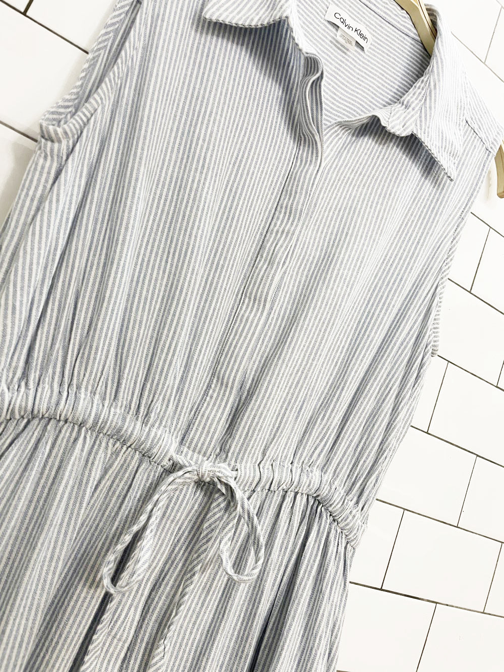 calvin klein blue stripe half button sleeveless tiered midi shirt dress