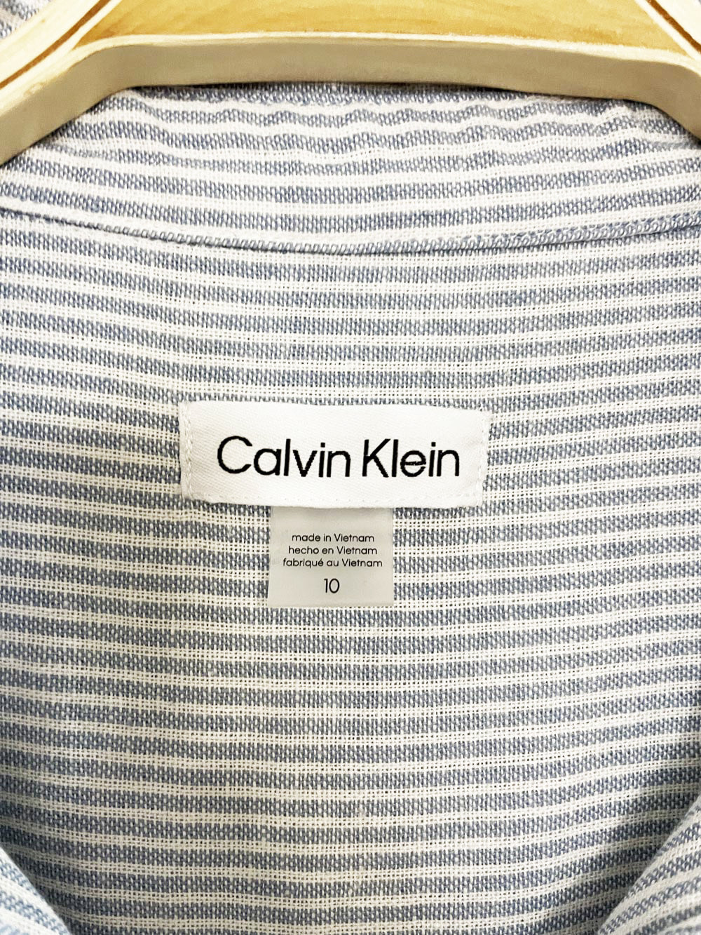 calvin klein blue stripe half button sleeveless tiered midi shirt dress