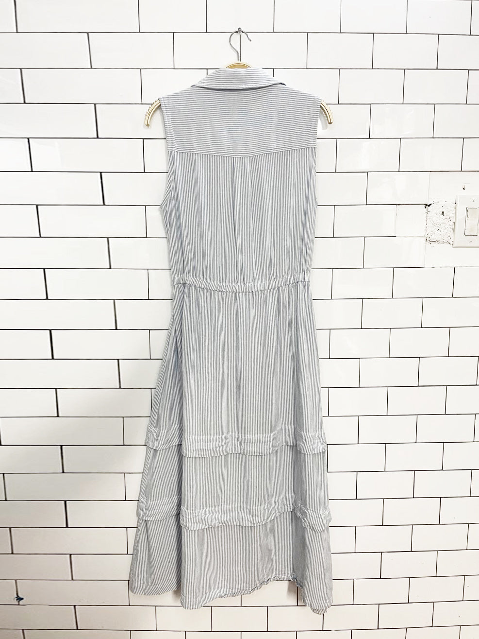 calvin klein blue stripe half button sleeveless tiered midi shirt dress