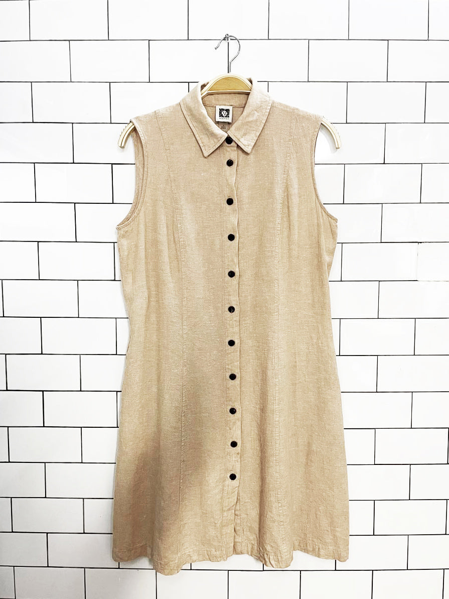 vintage 00s anne klein linen-blend sleeveless full button midi dress