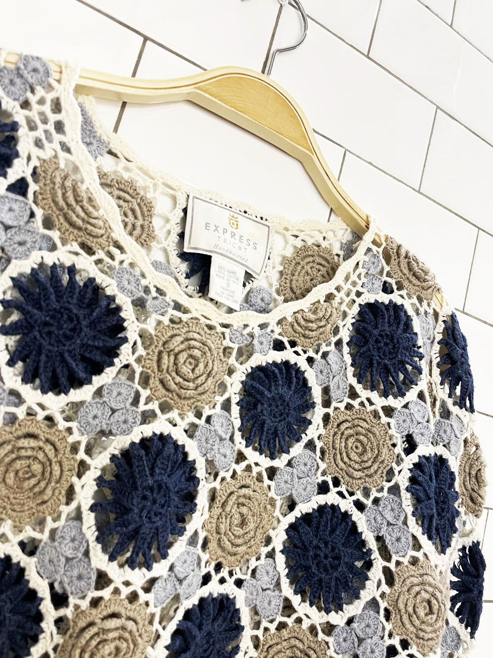 vintage 90s express tricot flower crochet hand-knitted long sleeve top