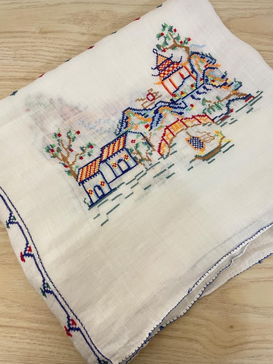 hand embroidered historic china woven table cloth - good market thrift store