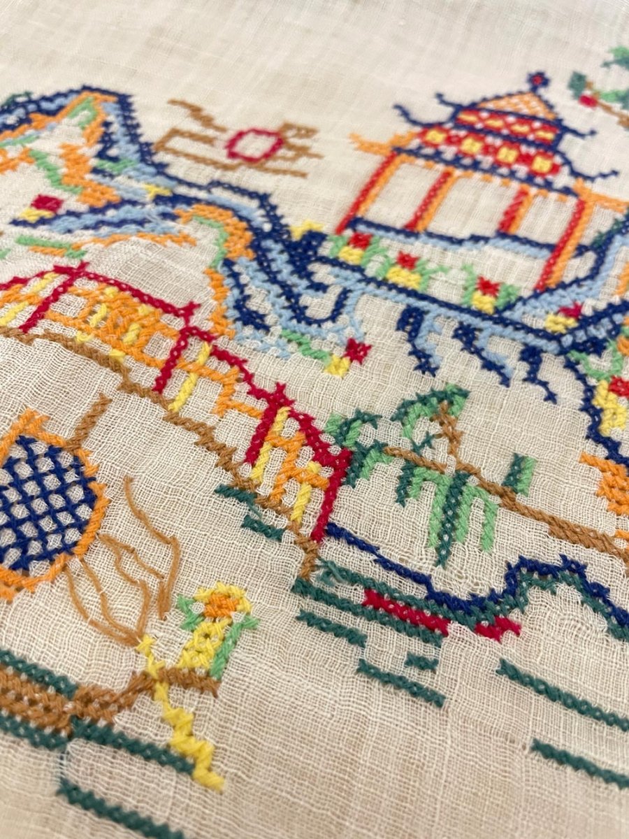 hand embroidered historic china woven table cloth - good market thrift store