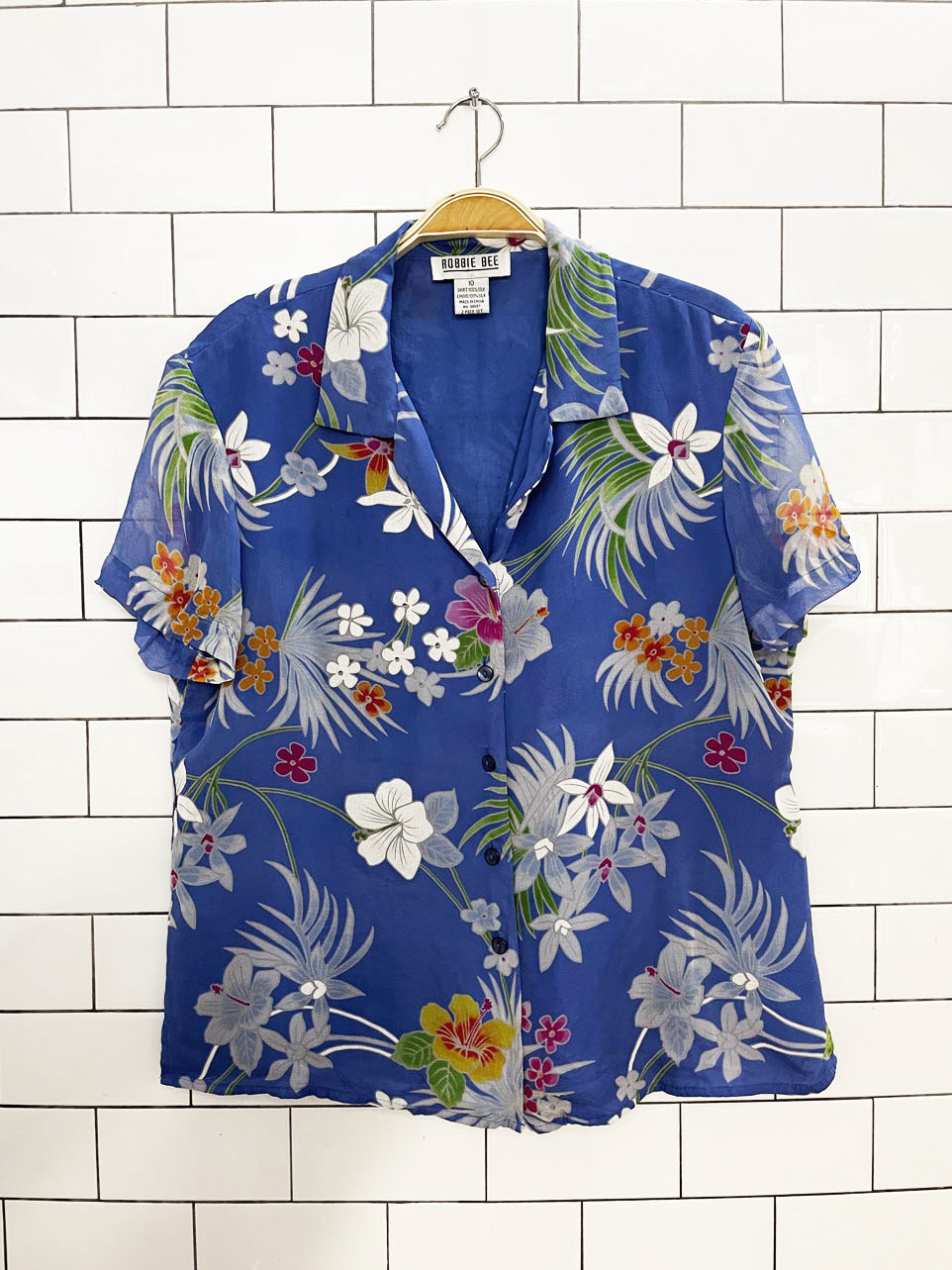 vintage robbie bee 100% silk tropical full button resort shirt
