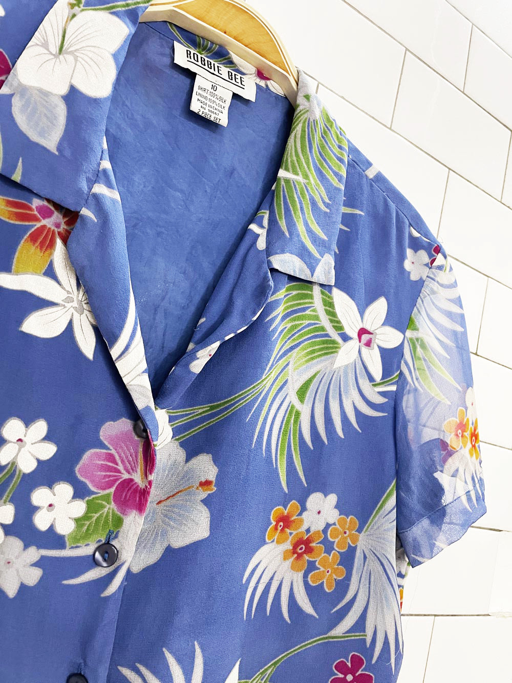 vintage robbie bee 100% silk tropical full button resort shirt