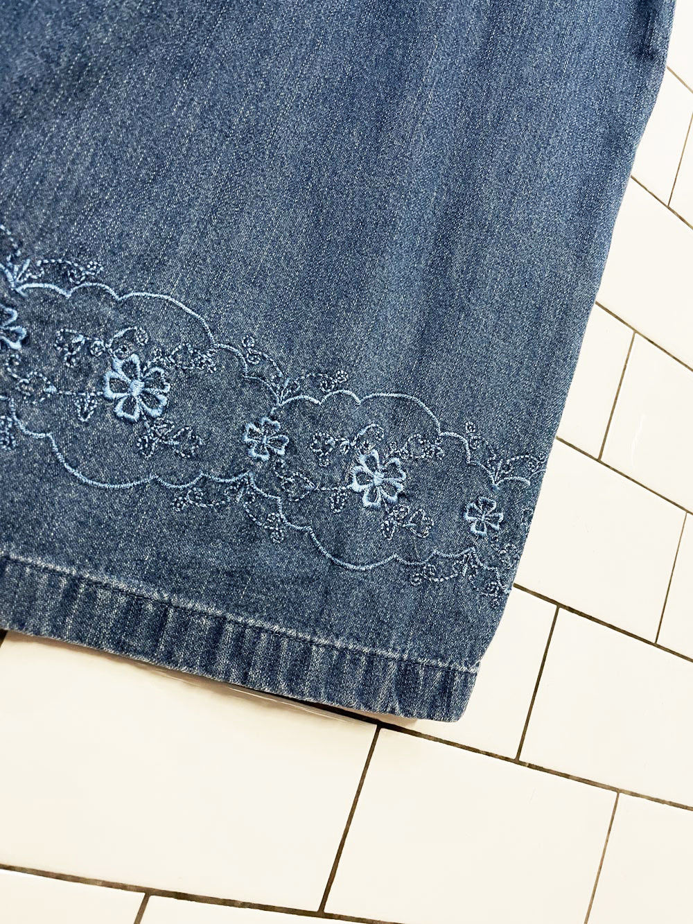 vintage 90s cherokee embroidered sleeveless denim midi dress