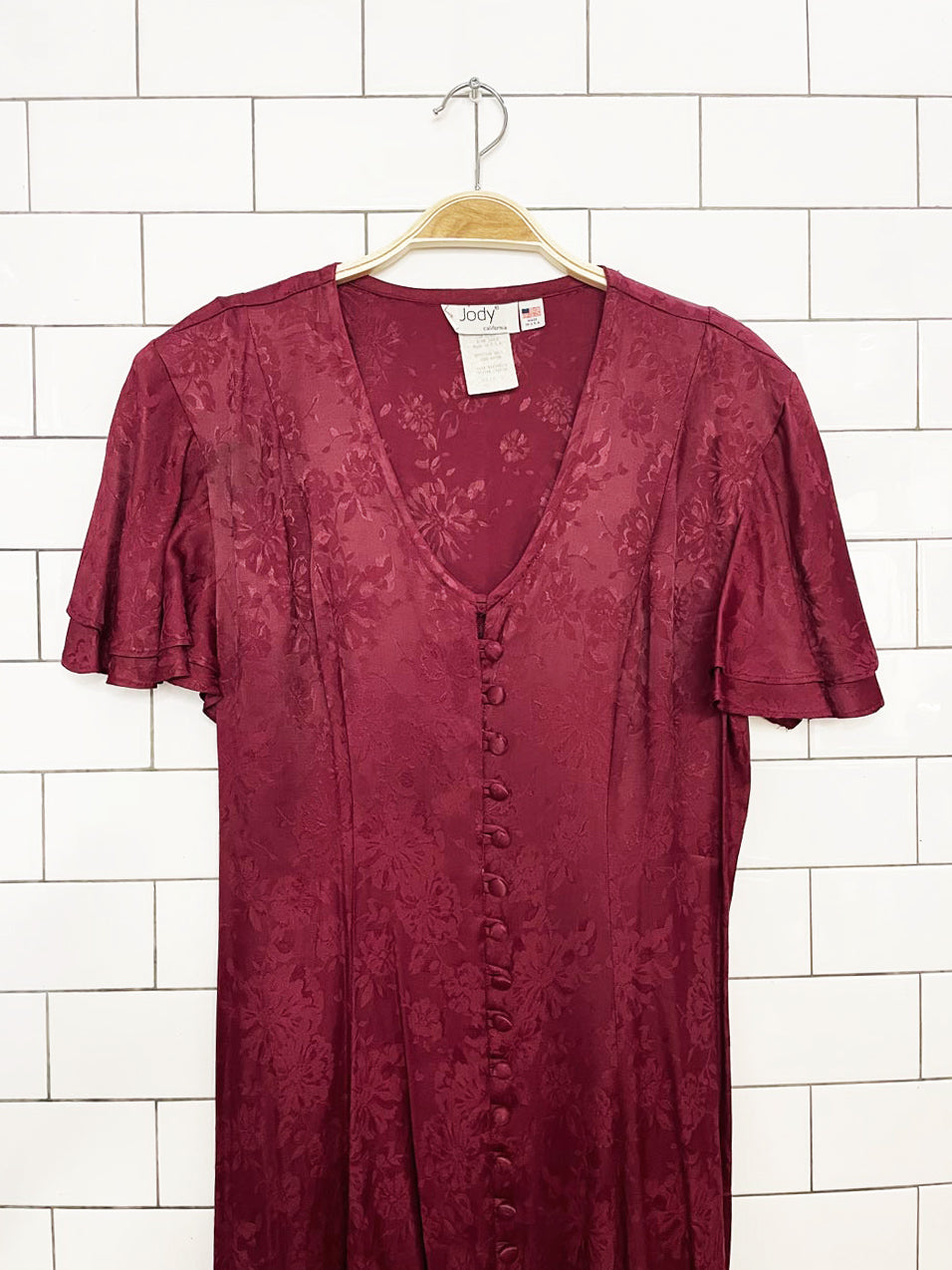 vintage 90s jody california satin brocade flutter sleeve full button a-line maxi dress | made in USA