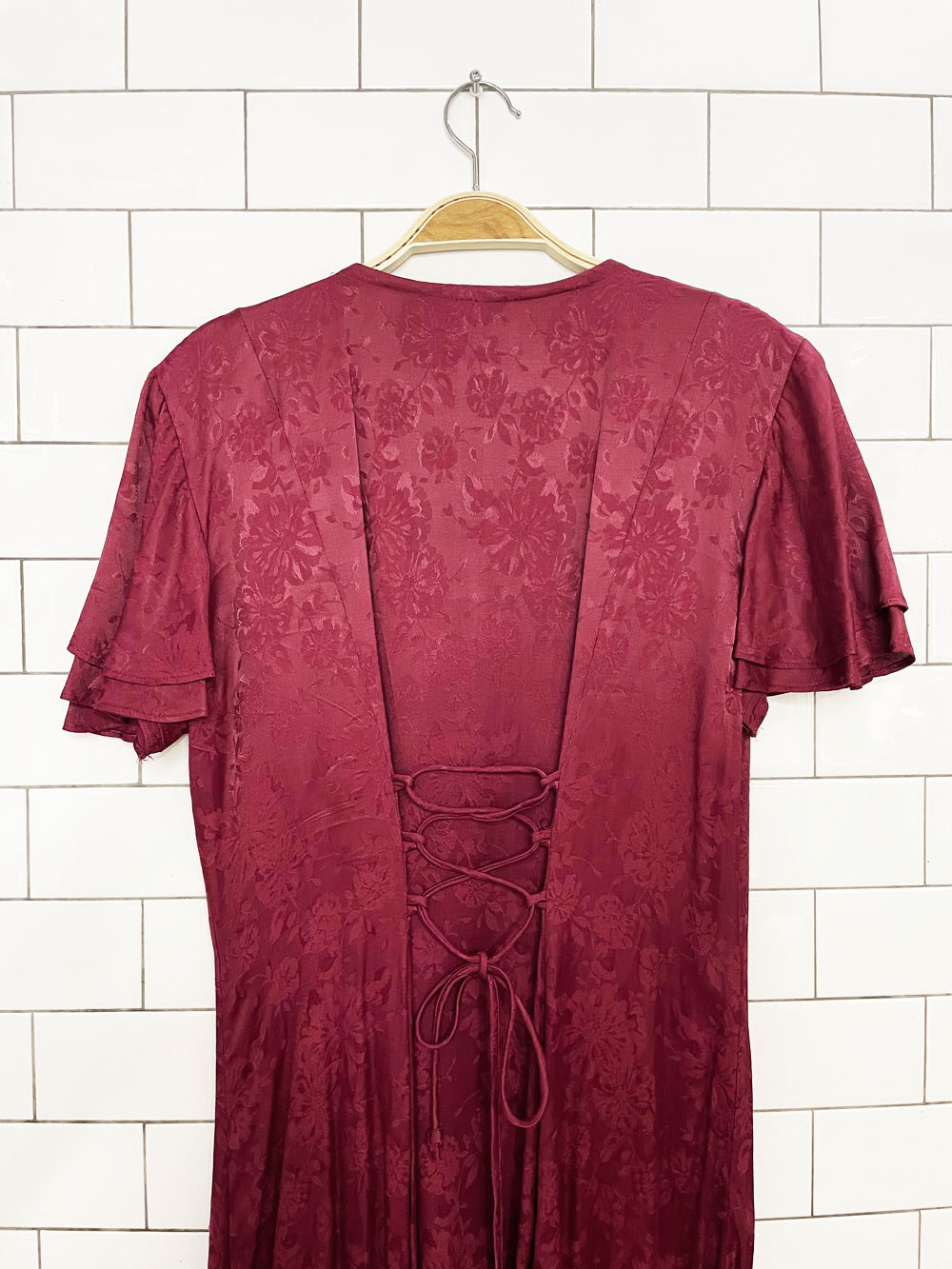 vintage 90s jody california satin brocade flutter sleeve full button a-line maxi dress | made in USA