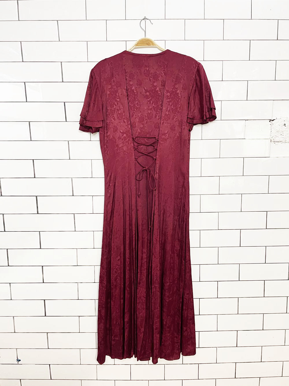 vintage 90s jody california satin brocade flutter sleeve full button a-line maxi dress | made in USA