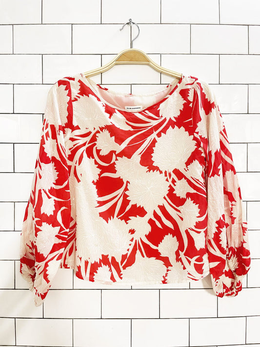 club monaco valterra silk-blend floral balloon sleeve blouse
