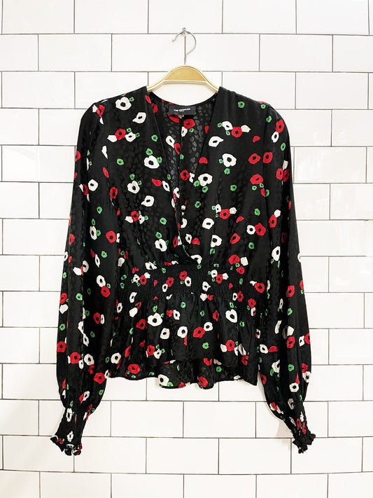 the kooples paris silk-blend floral wrap smocked blouse