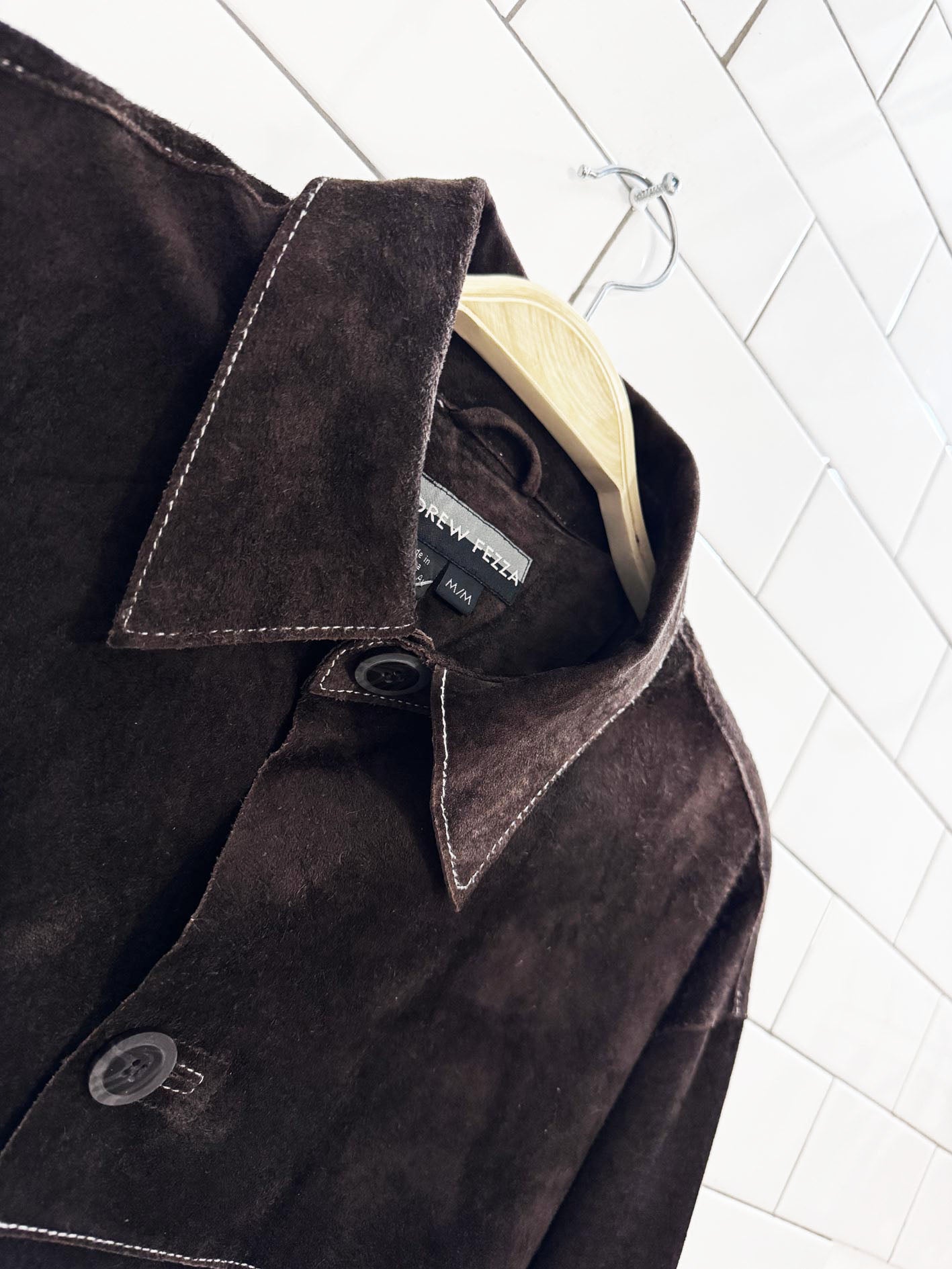 vintage 00s andrew fezza suede contrast stitch long shirt jacket
