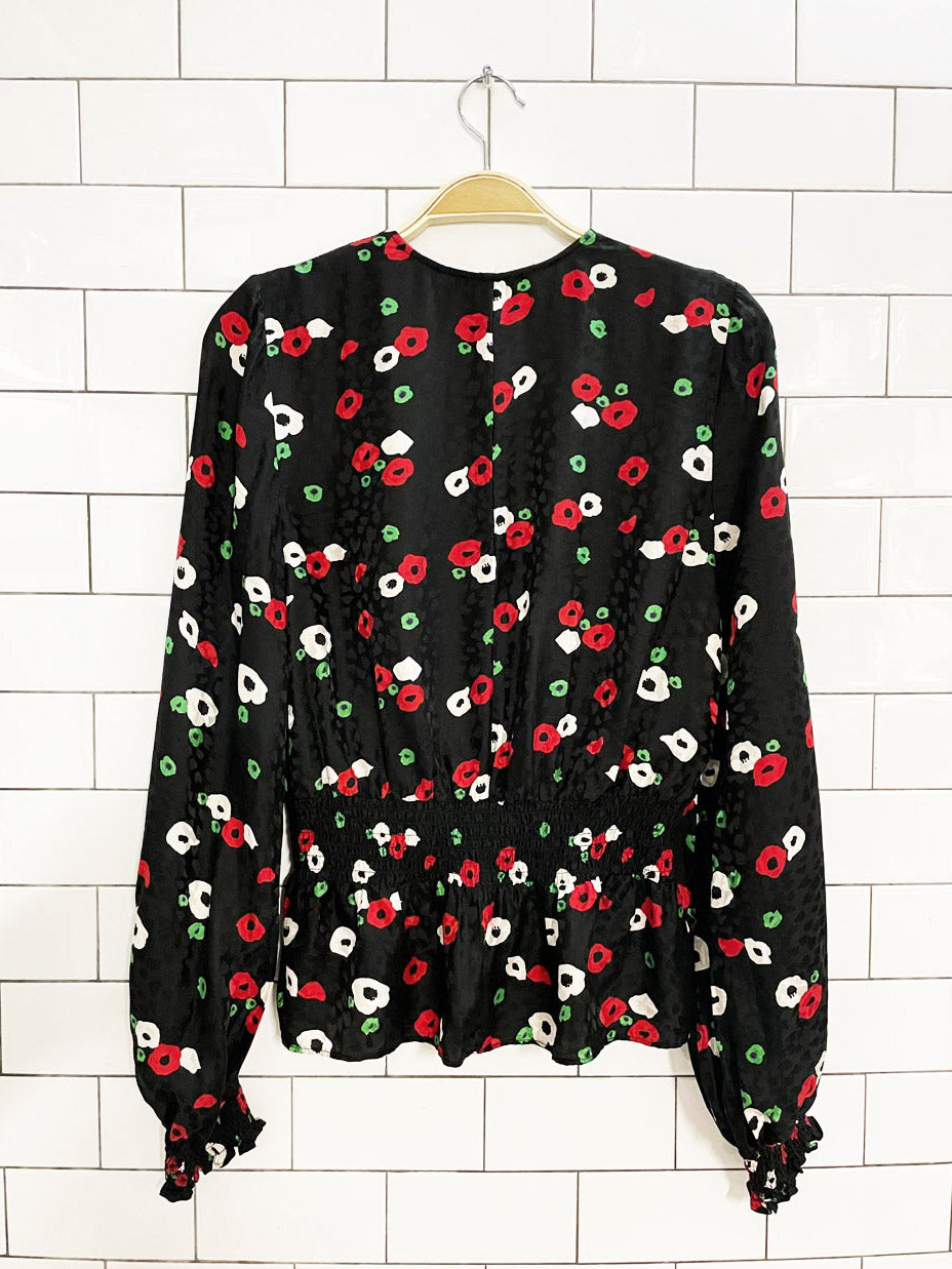 the kooples paris silk-blend floral wrap smocked blouse