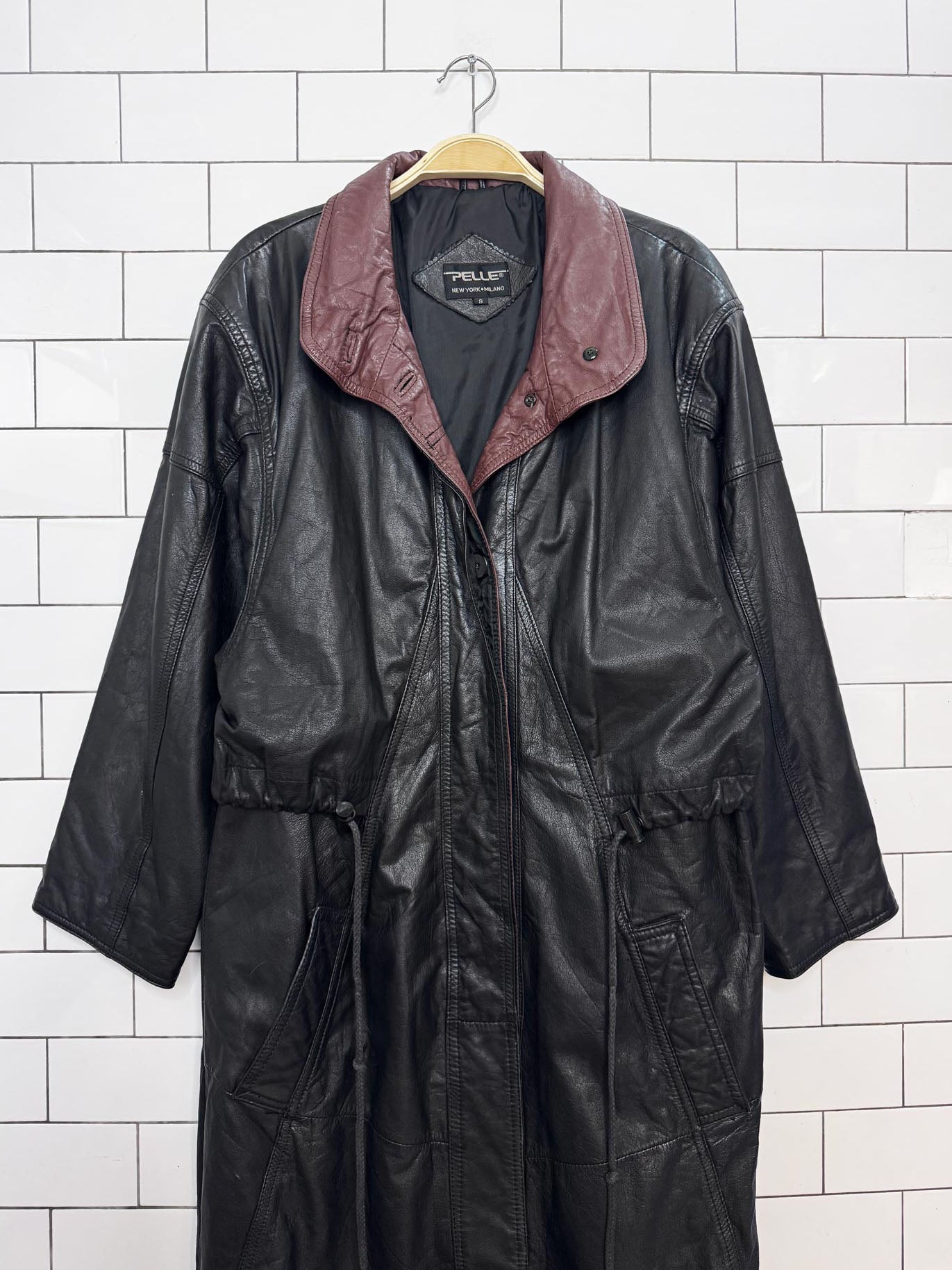 vintage pelle new york leather drawstring cape two-tone full length jacket