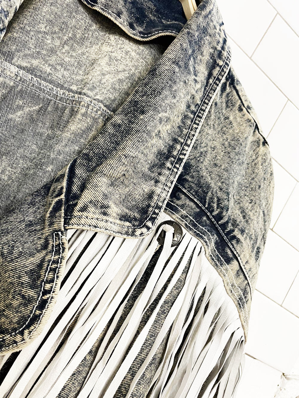 vintage 80s leather fringe concho western acid wash snap button denim jacket