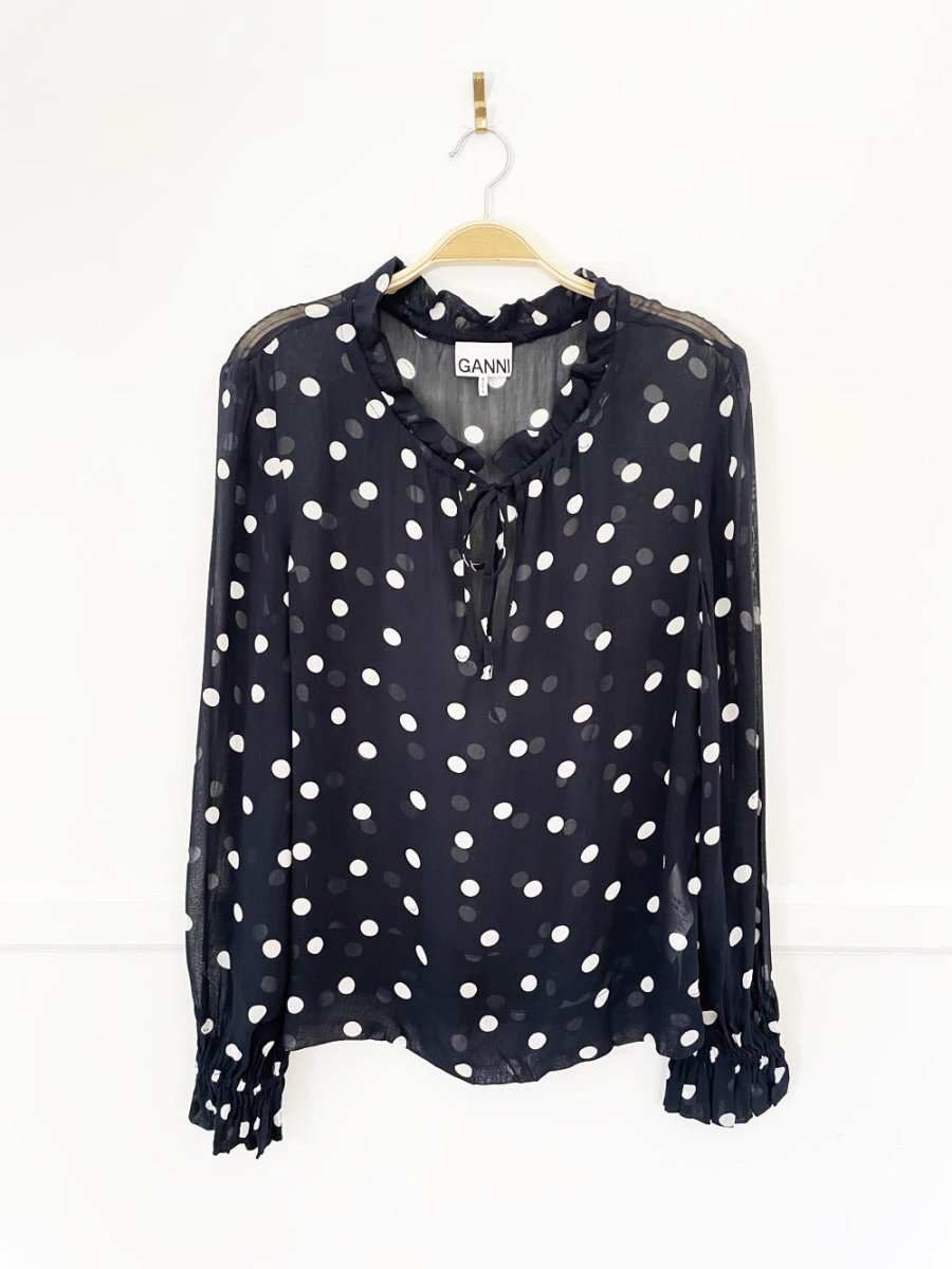 ganni georgette polka dot chiffon ruffle blouse - good market thrift store
