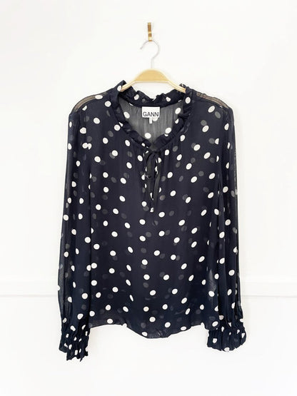 ganni georgette polka dot chiffon ruffle blouse - good market thrift store