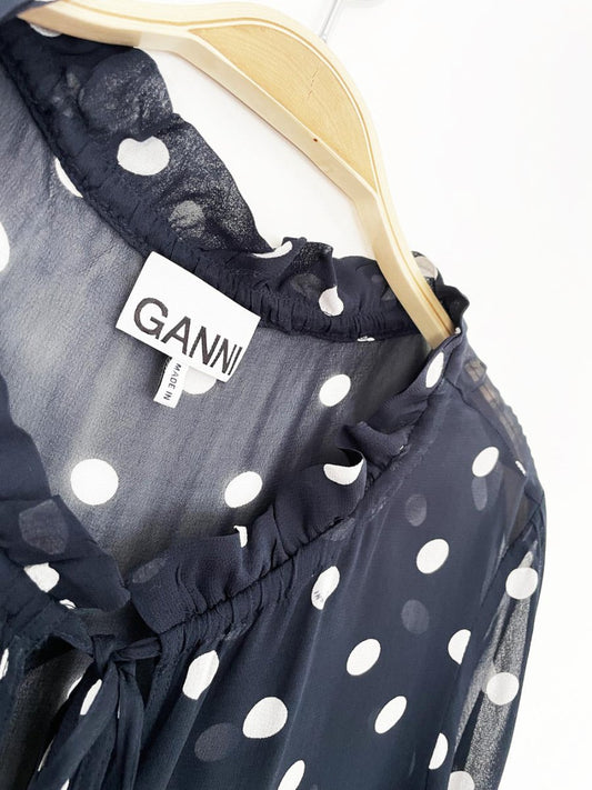 ganni georgette polka dot chiffon ruffle blouse - good market thrift store