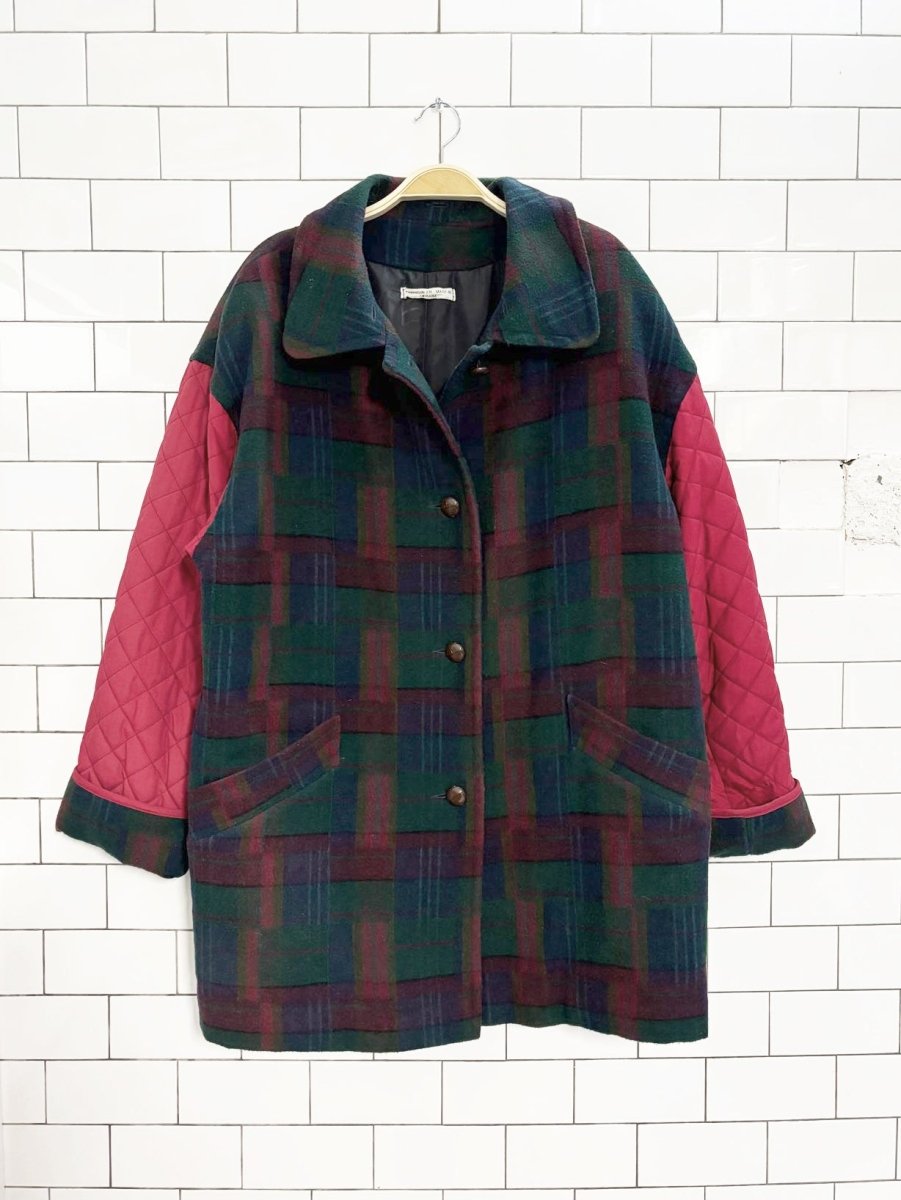 vintage 80s xception quilted sleeve plaid barn coat | made in ukraine - good market thrift store