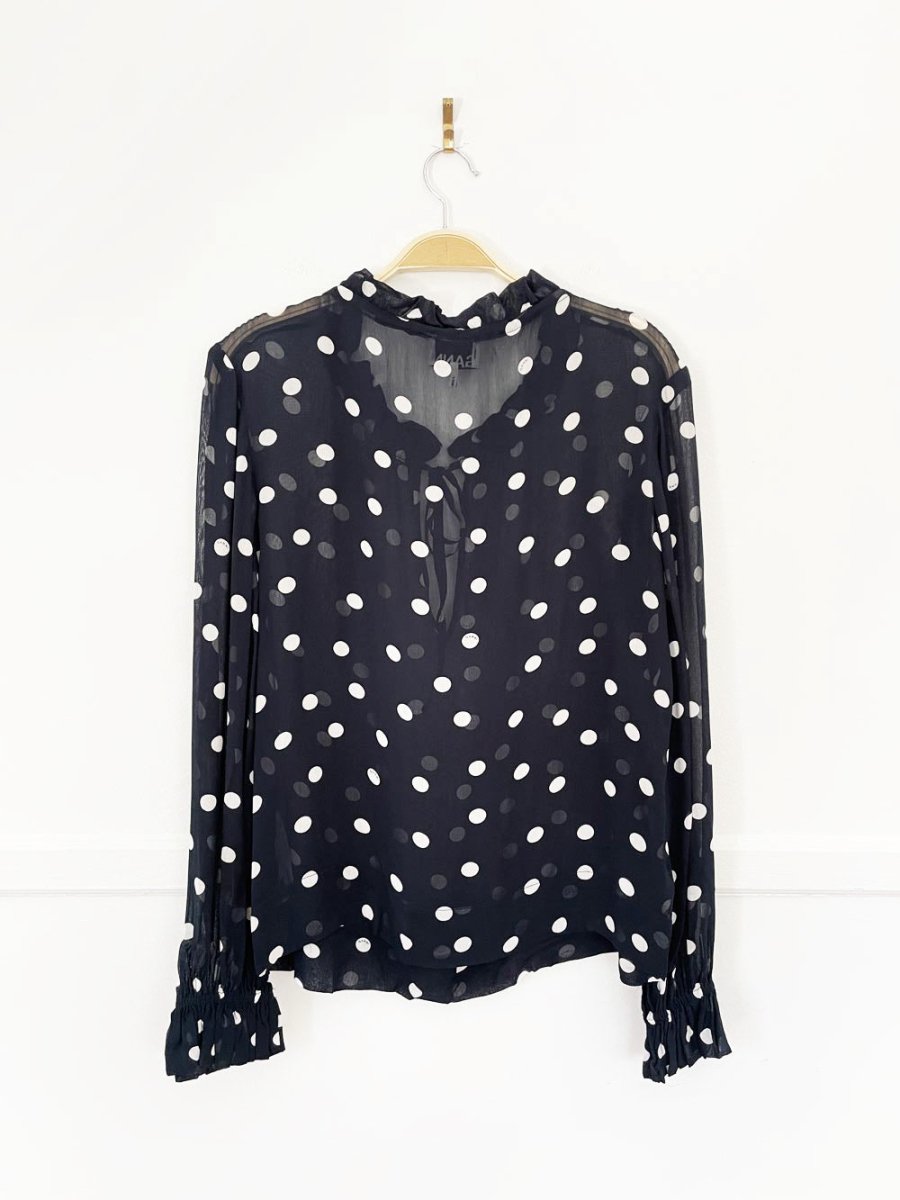 ganni georgette polka dot chiffon ruffle blouse - good market thrift store