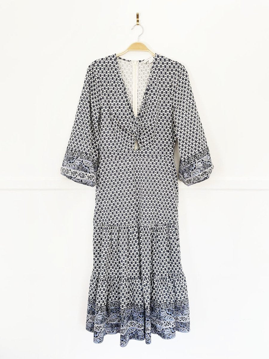 veronica beard dinia cut out puff sleeve tiered midi dress - good market thrift store