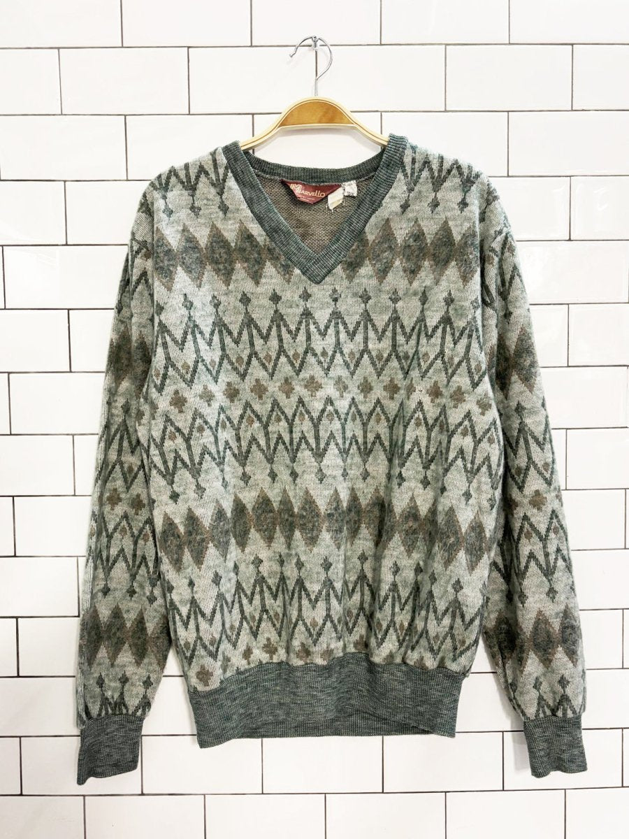 vintage 80s marvello patterned knit v neck sweater - good market thrift store