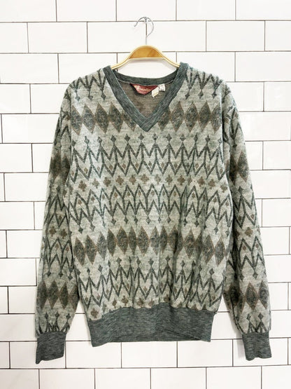 vintage 80s marvello patterned knit v neck sweater - good market thrift store