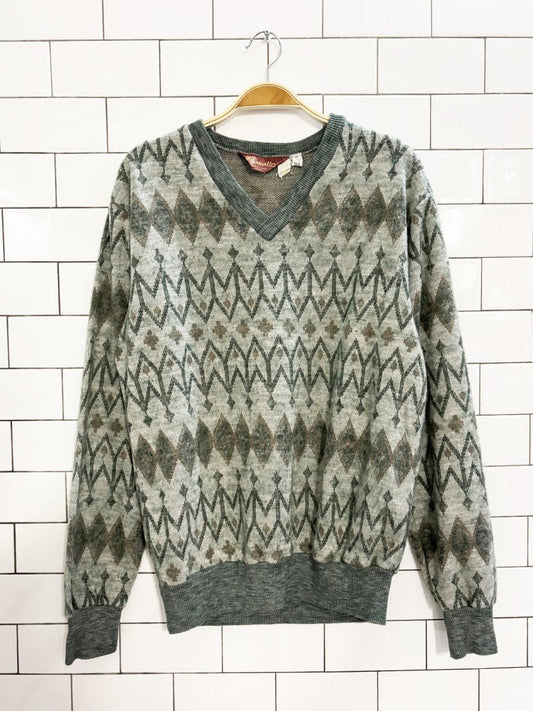 vintage 80s marvello patterned knit v neck sweater - good market thrift store