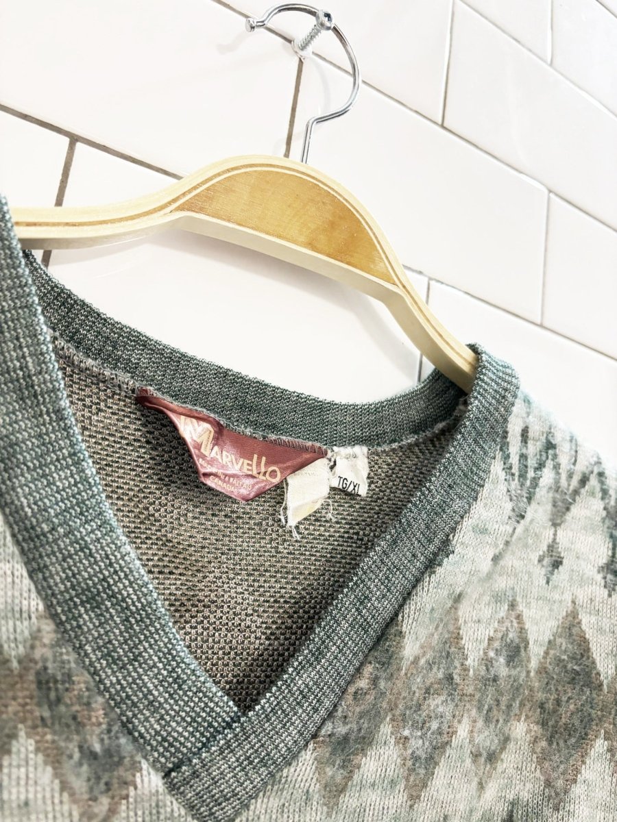 vintage 80s marvello patterned knit v neck sweater - good market thrift store