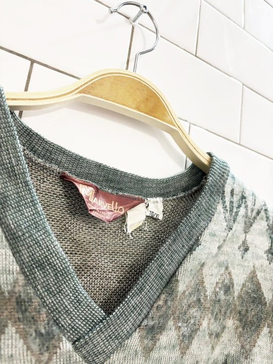vintage 80s marvello patterned knit v neck sweater - good market thrift store
