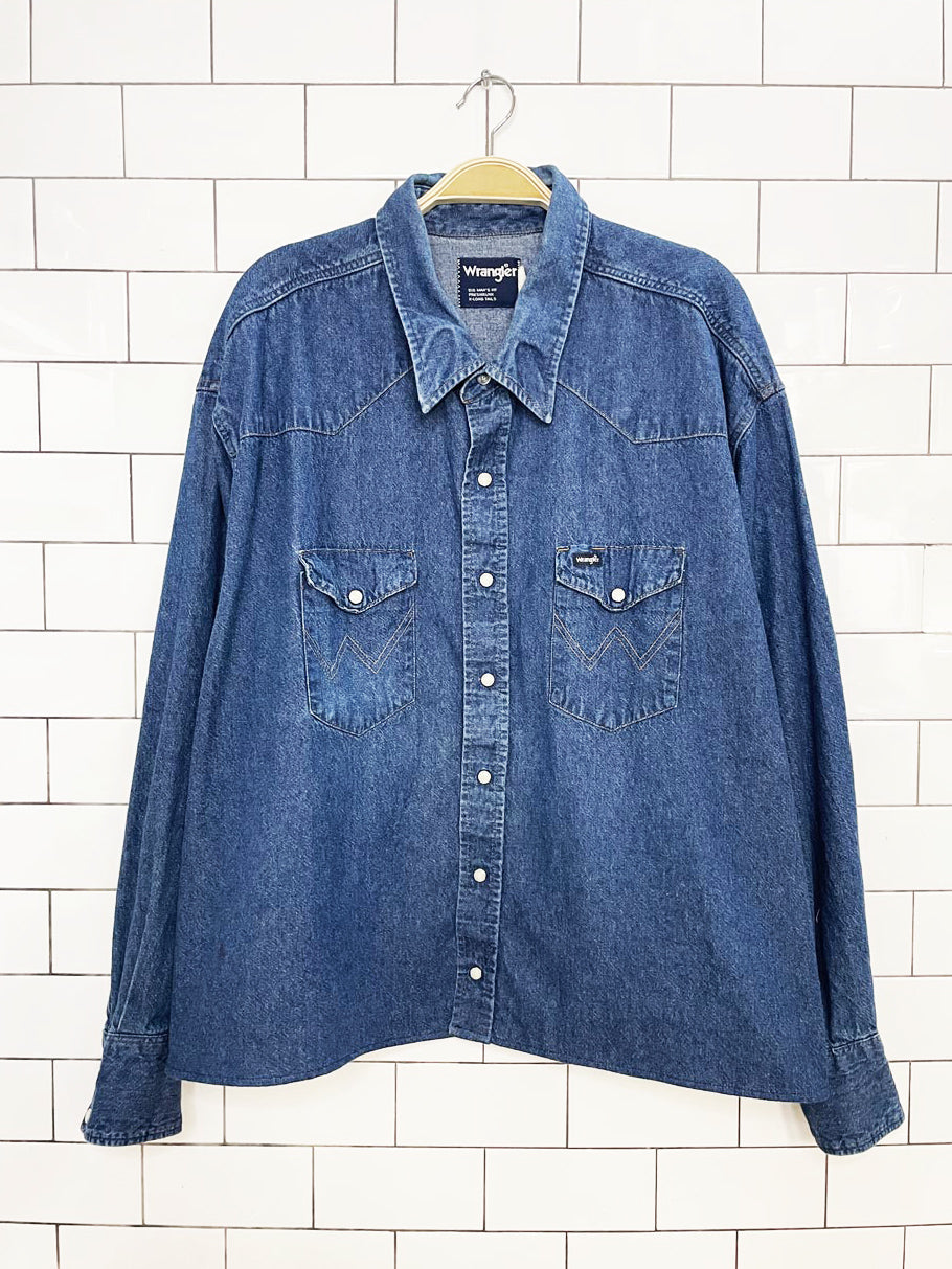 vintage 90s wrangler snap button cropped western denim shirt | rework