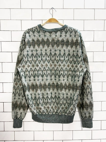 vintage 80s marvello patterned knit v neck sweater - good market thrift store