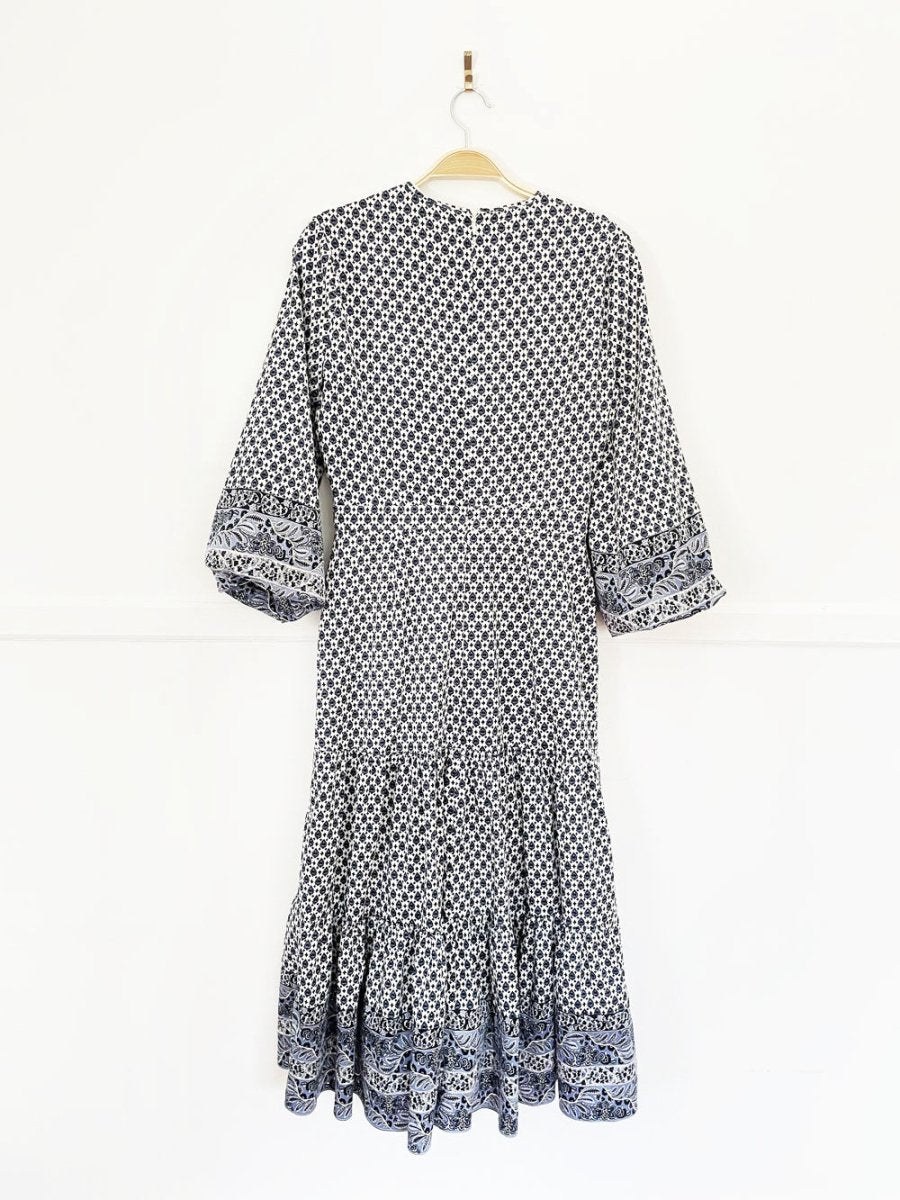 veronica beard dinia cut out puff sleeve tiered midi dress - good market thrift store