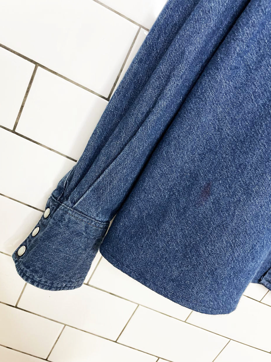 vintage 90s wrangler snap button cropped western denim shirt | rework