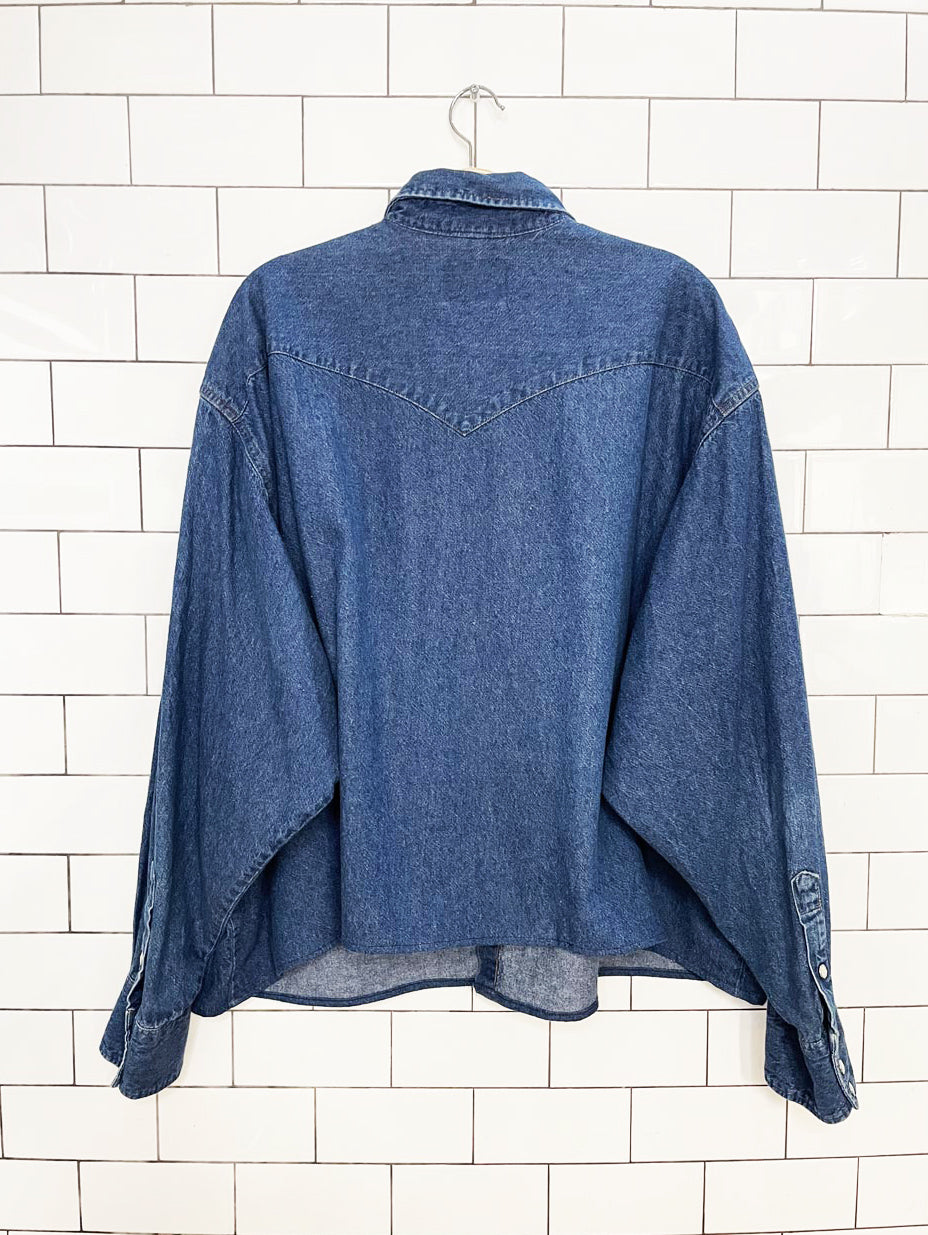 vintage 90s wrangler snap button cropped western denim shirt | rework