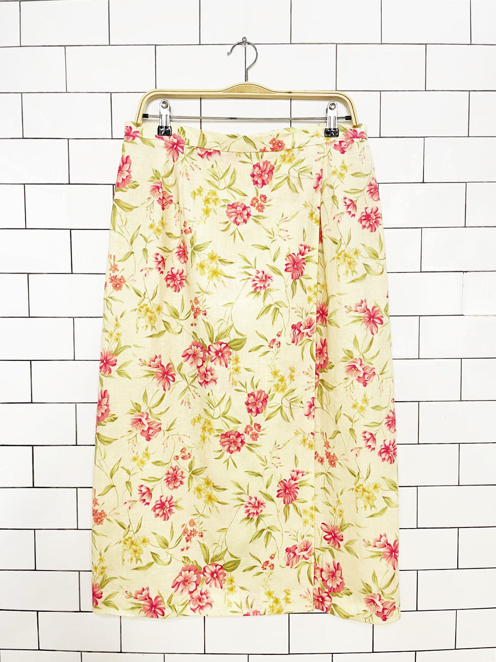 vintage 00s susan bristol linen-blend floral wrap midi skirt + scarf