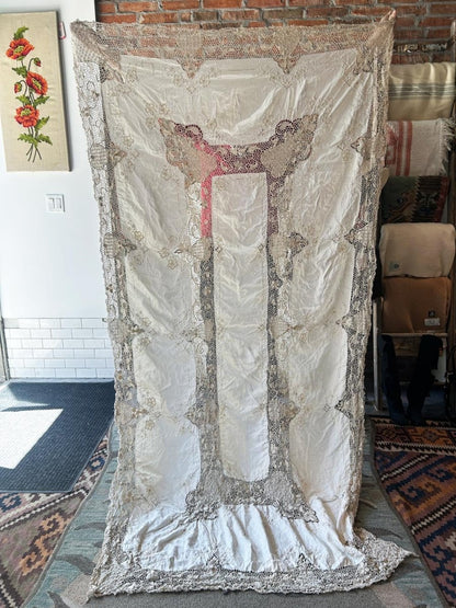 antique crochet trim linen table cloth - good market thrift store