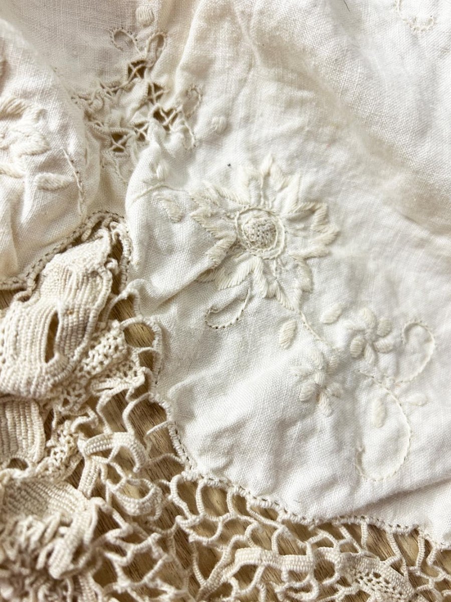 antique crochet trim linen table cloth - good market thrift store