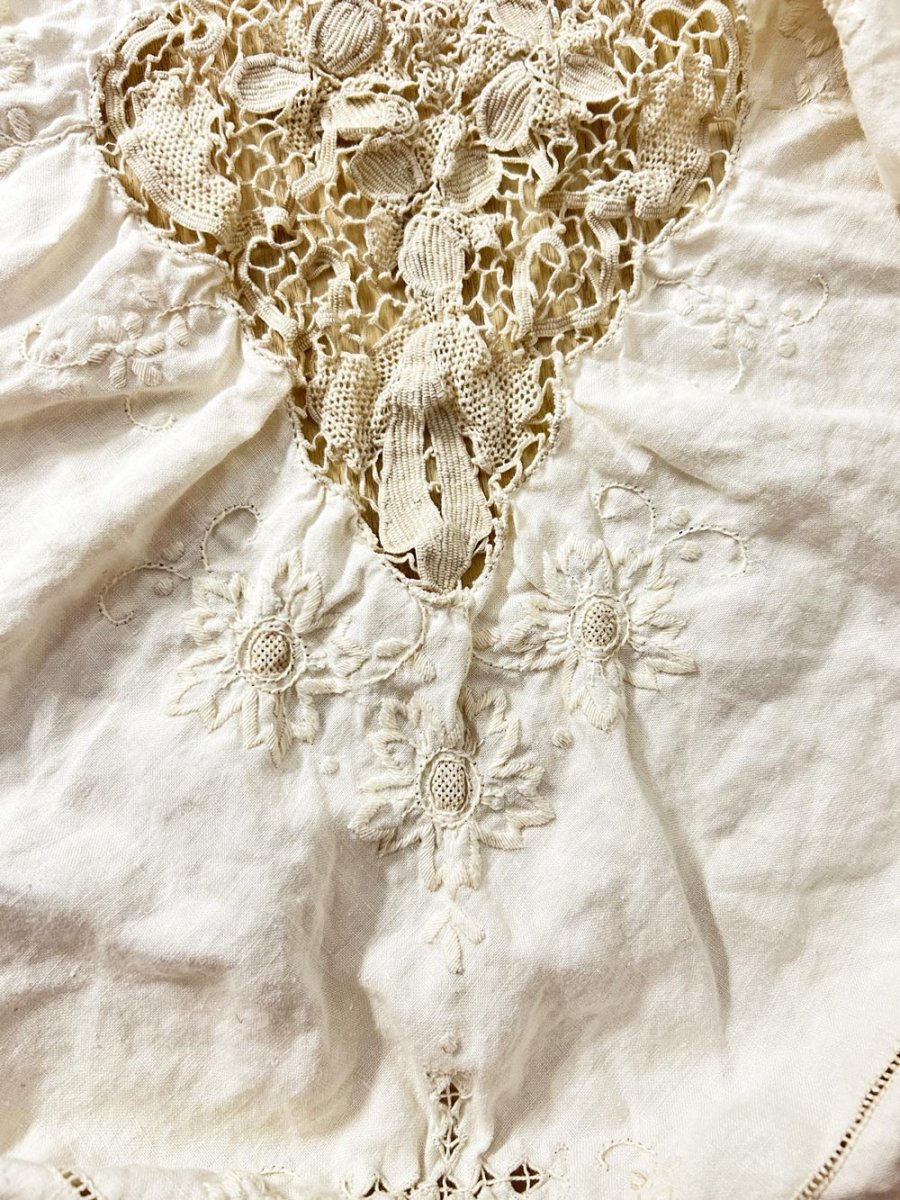 antique crochet trim linen table cloth - good market thrift store