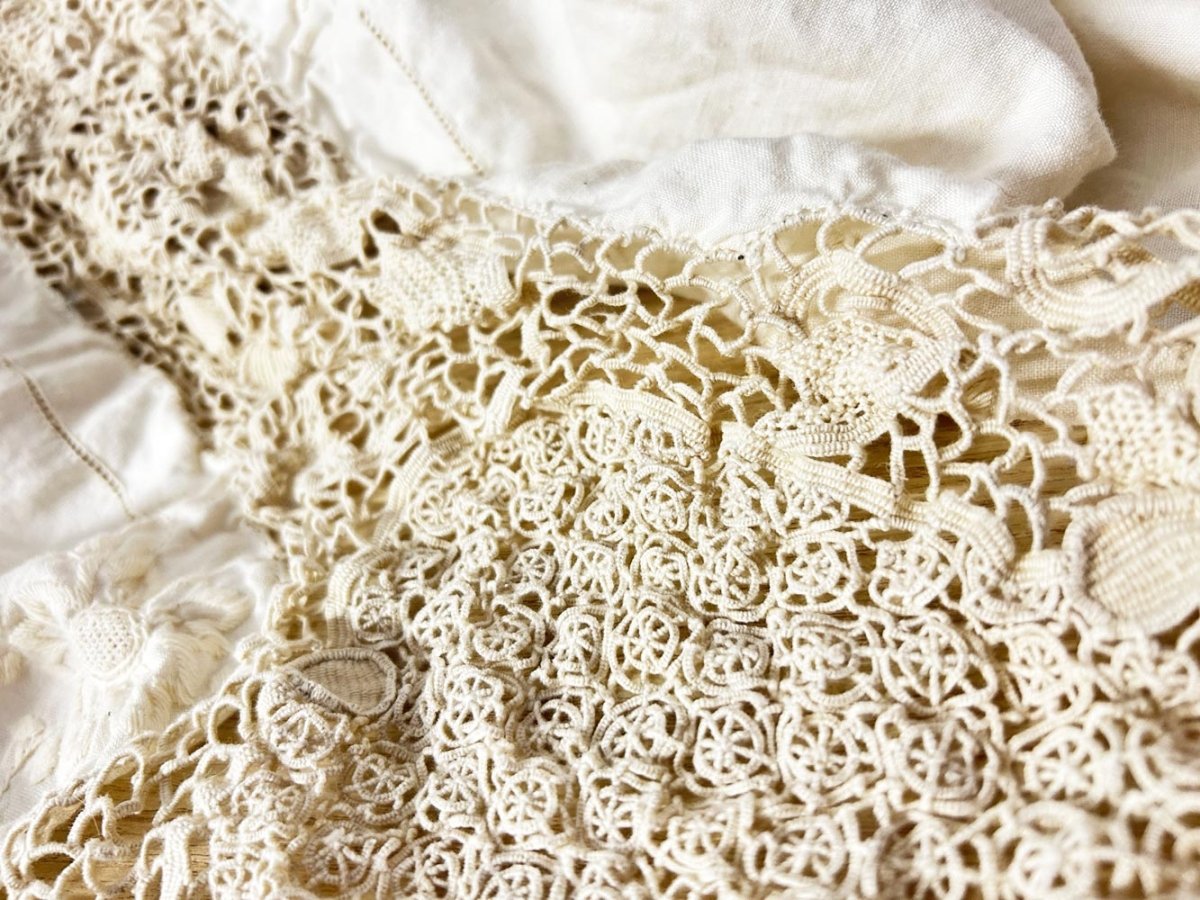 antique crochet trim linen table cloth - good market thrift store