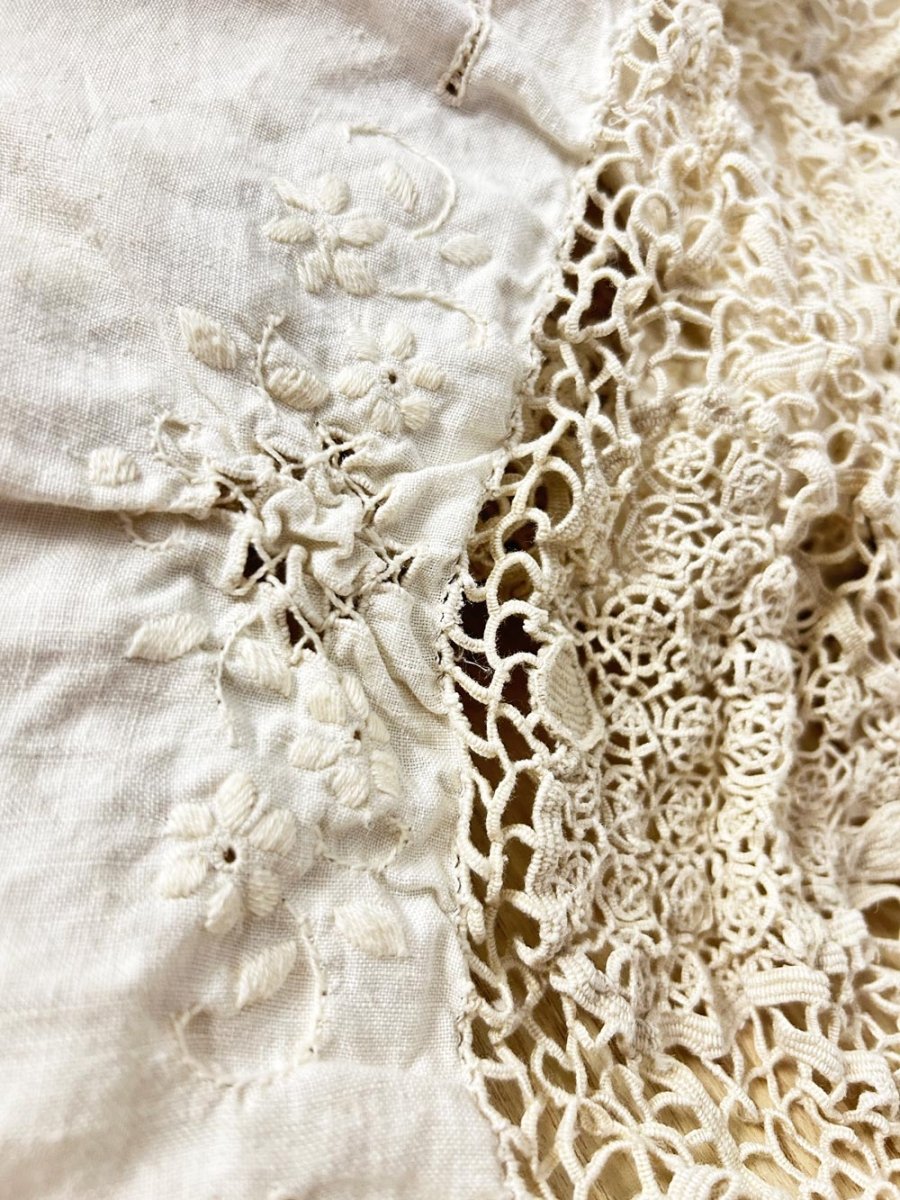 antique crochet trim linen table cloth - good market thrift store