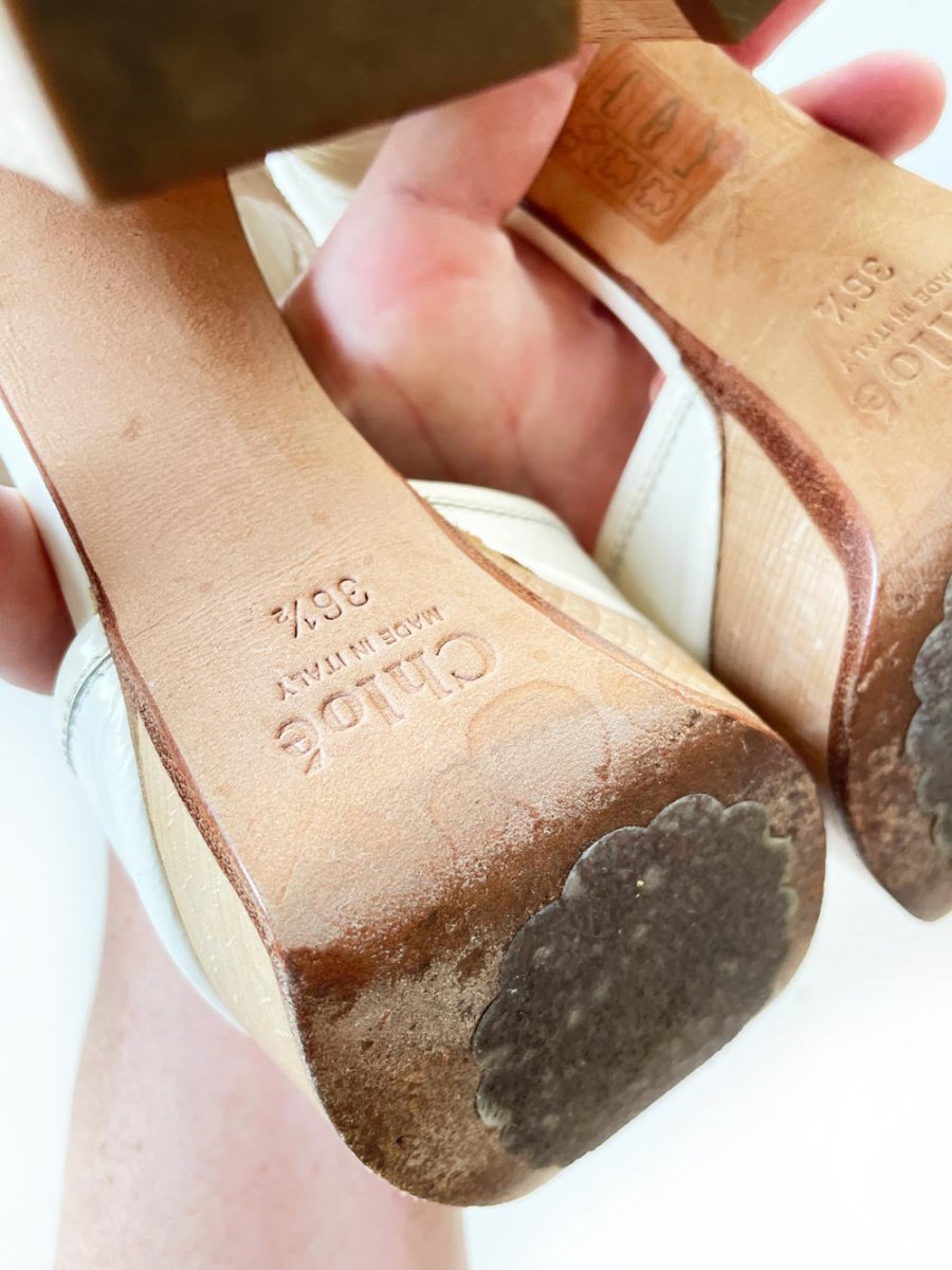 chloe retro mod patent leather platform wood block heels - good market thrift store