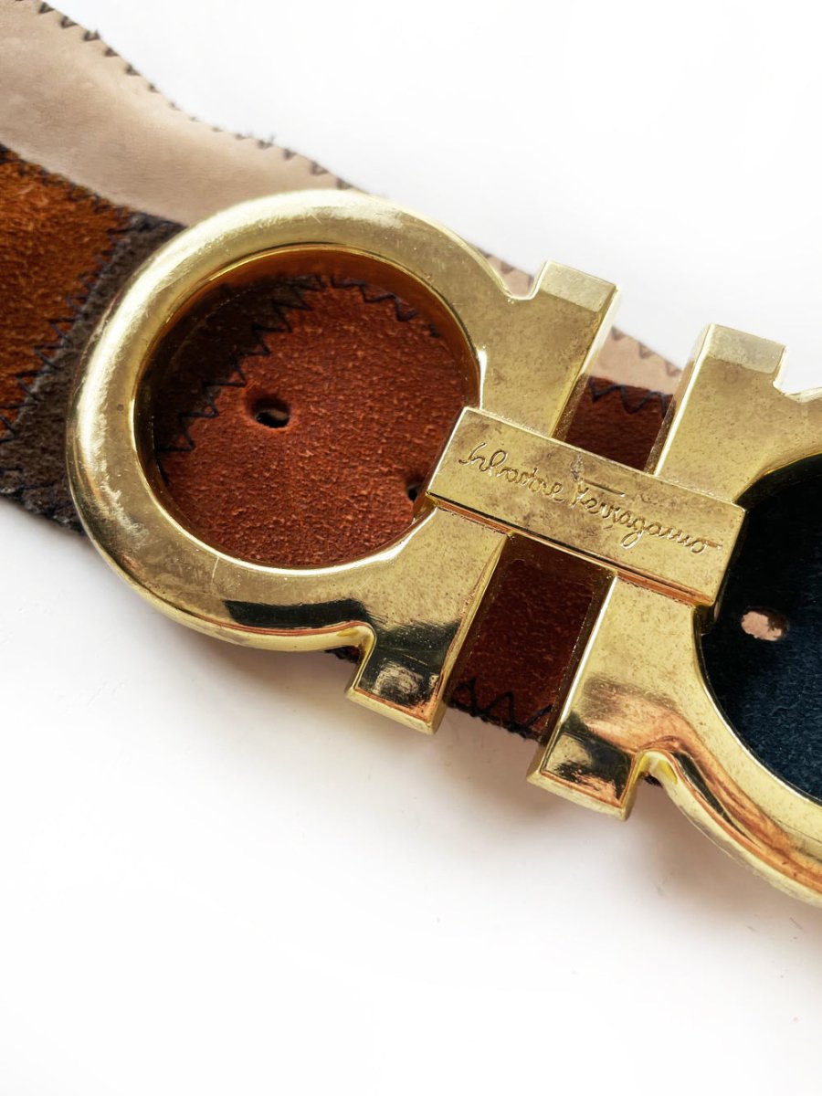 vintage salvatore ferragamo belt buckle with vintage boho patchwork leather belt - good market thrift store